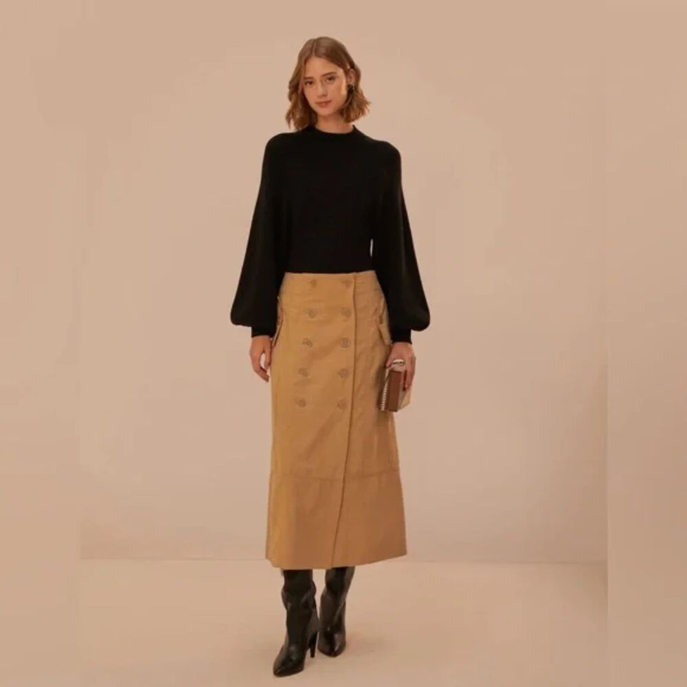 Farm Rio Tan Button Front Midi Skirt | Military Style Utility Skirt with Pockets